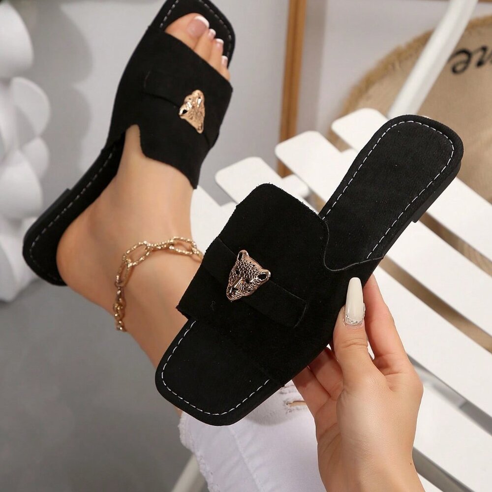 Black Elegant Women's Leopard Flat Slip-On Sandals